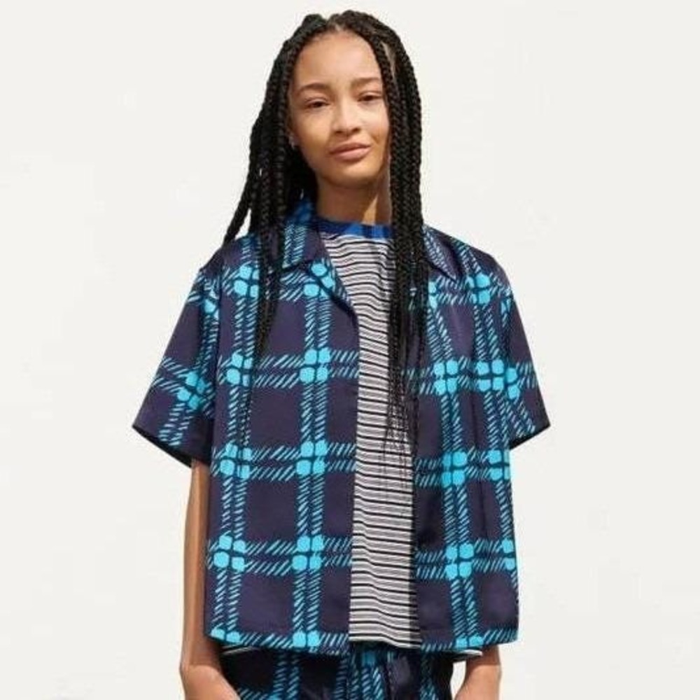 Marni Uniqlo Camp Collar Short Sleeve Shirt Women M Blue Plaid Checkered Boxy